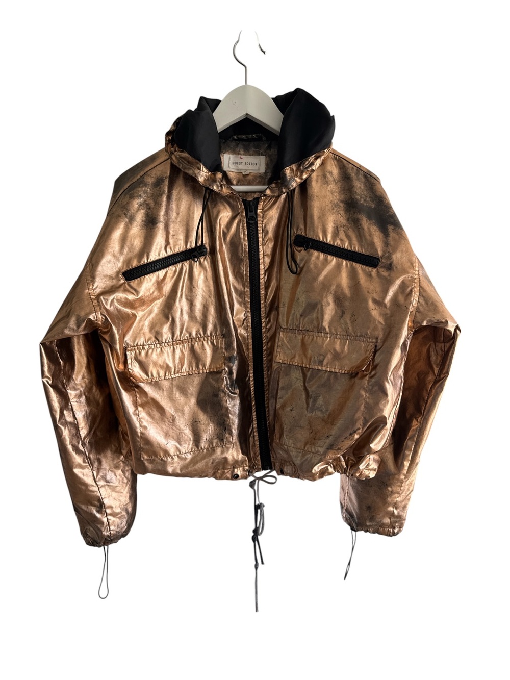 Cropped Metallic Bronze Bomber Jacket with Hood